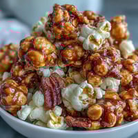 Sweet and salty popcorn mix with roasted peanuts and caramel, perfect for baseball game day snacking.  
