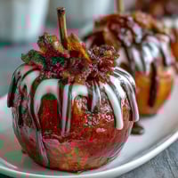 Glossy red candy apples with creamy white chocolate drizzle, perfect for festive fall gatherings or Halloween parties.