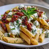 Creamy pea and ricotta pasta with mint, garnished with Parmesan and lemon zest, served in a rustic bowl.
