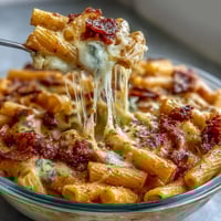 A bubbling one-pot cheesy pasta bake with golden melted mozzarella and cheddar, fresh from the oven.