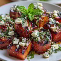 Grilled Watermelon Salad with Feta and Mint: Juicy watermelon wedges char-kissed on the grill, topped with creamy feta and fresh mint.  