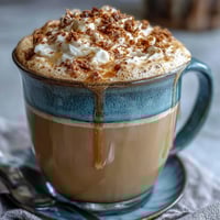 Warm dandelion tea latte with oat milk and honey, creamy and golden, topped with a sprinkle of cinnamon.
