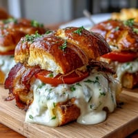 Hot Brown sliders with turkey, bacon, and creamy Mornay sauce on brioche buns, baked until golden and bubbly.