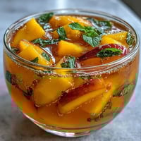 A vibrant glass of mango peach sparkling tea with fresh fruit slices and mint garnish.