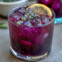A refreshing purple lavender lemonade with citrus and floral notes, served over ice with fresh lavender sprigs.
