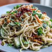 Cold sesame noodle bowl with cucumber, vibrant vegetables, and creamy sesame sauce, served chilled for a refreshing summer meal.
