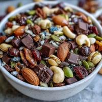 Homemade Trail Mix with Dark Chocolate featuring crunchy almonds, cashews, and sweet dried cranberries, perfect for on-the-go snacking.
