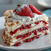 A beautiful layered Mother's Day crêpe cake with strawberry mascarpone cream filling, topped with fresh berries and mint.