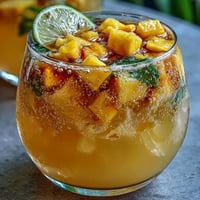 Delicious Grad Party Punch: Mango Pineapple Sparkling Lemonade with fruit garnish.