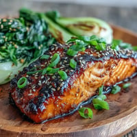 Miso Glazed Salmon with Sesame Bok Choy, an elegant dish, perfectly seared.