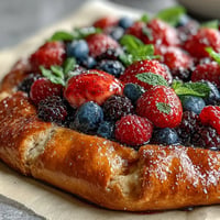 Rustic summer berry galette, glistening with juicy fruit atop a golden almond crust.