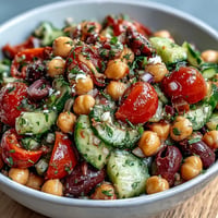 Vibrant Mediterranean Chickpea Salad bursting with colorful vegetables and fresh herbs.