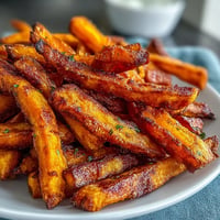 Crispy air fryer sweet potato fries alongside creamy, smoky chipotle aioli dip.